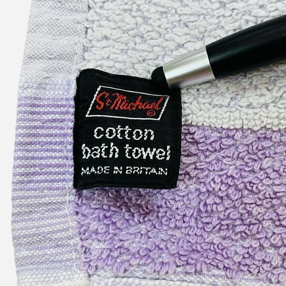 Vintage 1960s St Michael Purple Pink White Cotton Bath Towel 50 x 26 Stripes MCM
